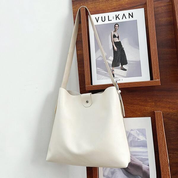 

Snap Button Shoulder Bucket Bag, White