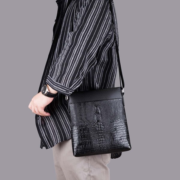 

Men Crocodile Embossed Square Bag, Black