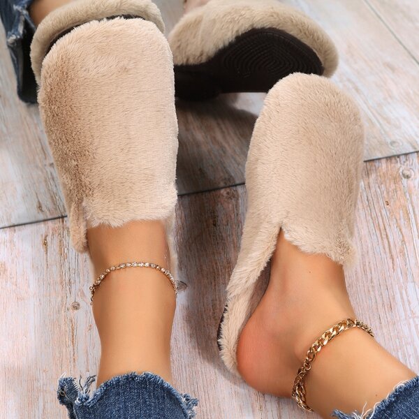 

Letter Graphic Fluffy Flat Mules, Beige