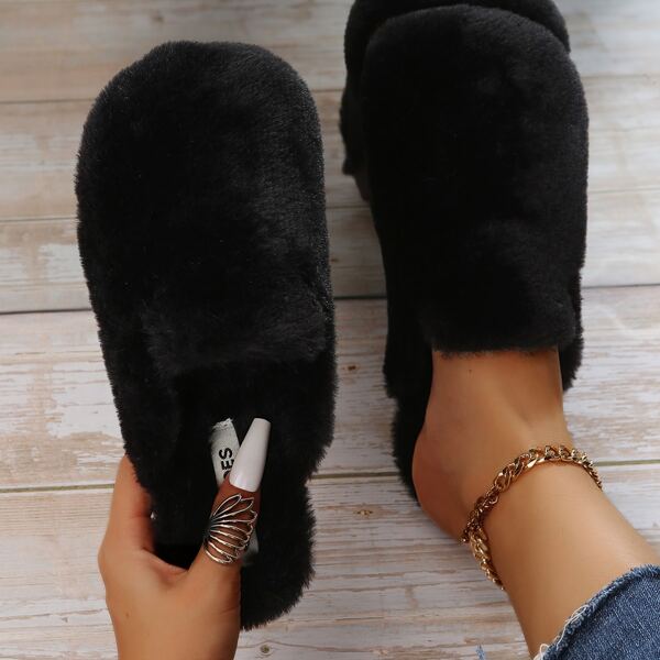 

Letter Graphic Fluffy Flat Mules, Black