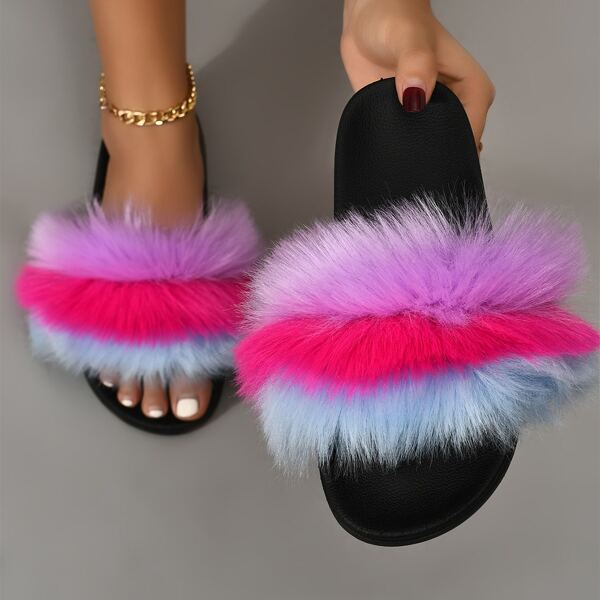 

Striped Pattern Fluffy Slides, Multicolor