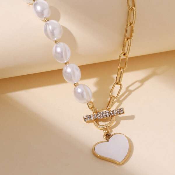 

Faux Pearl Decor Heart Charm Necklace, Gold