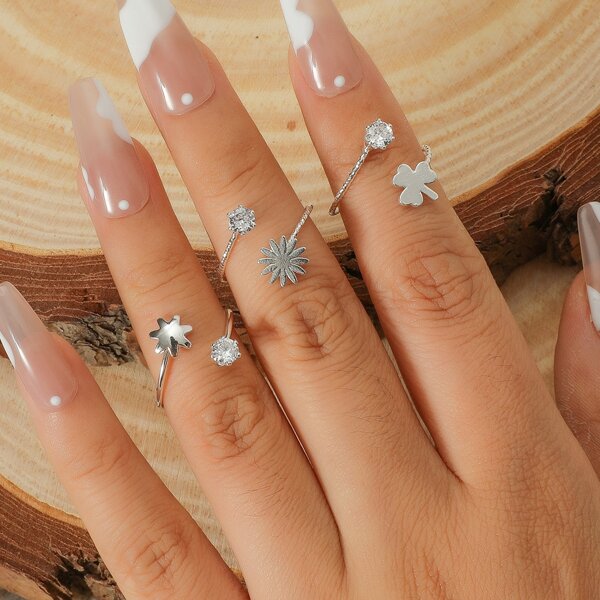 

3pcs Rhinestone Decor Cuff Ring, Silver