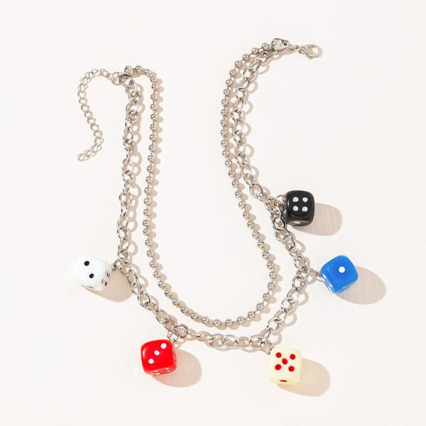 

Dice Charm Layered Necklace, Silver