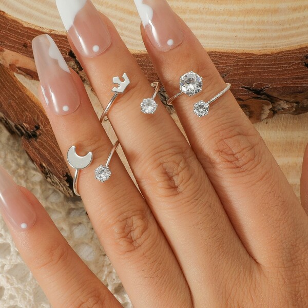 

3pcs Moon & Zircon Decor Cuff Ring, Silver