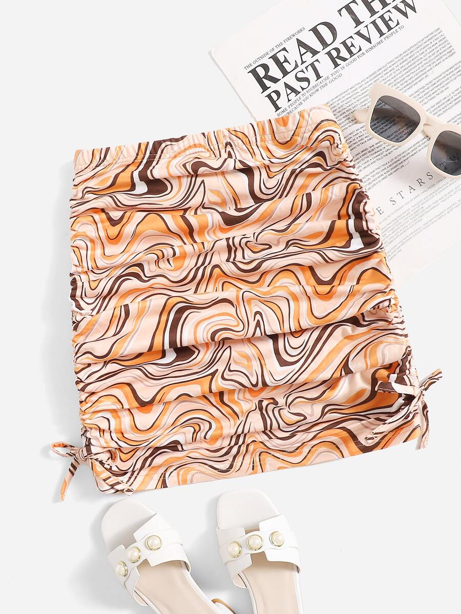 SHEIN Girls Allover Print Drawstring Ruched Skirt - Multicolor - View 1