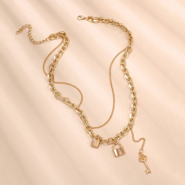 

Lock & Key Charm Layered Necklace, Gold