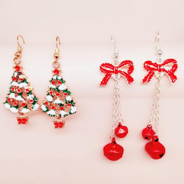 

2pairs Christmas Tree & Bow Drop Earrings, Red
