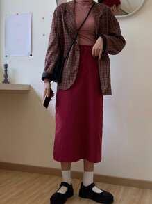 Solid Slit Back Straight Skirt - Burgundy - View 1