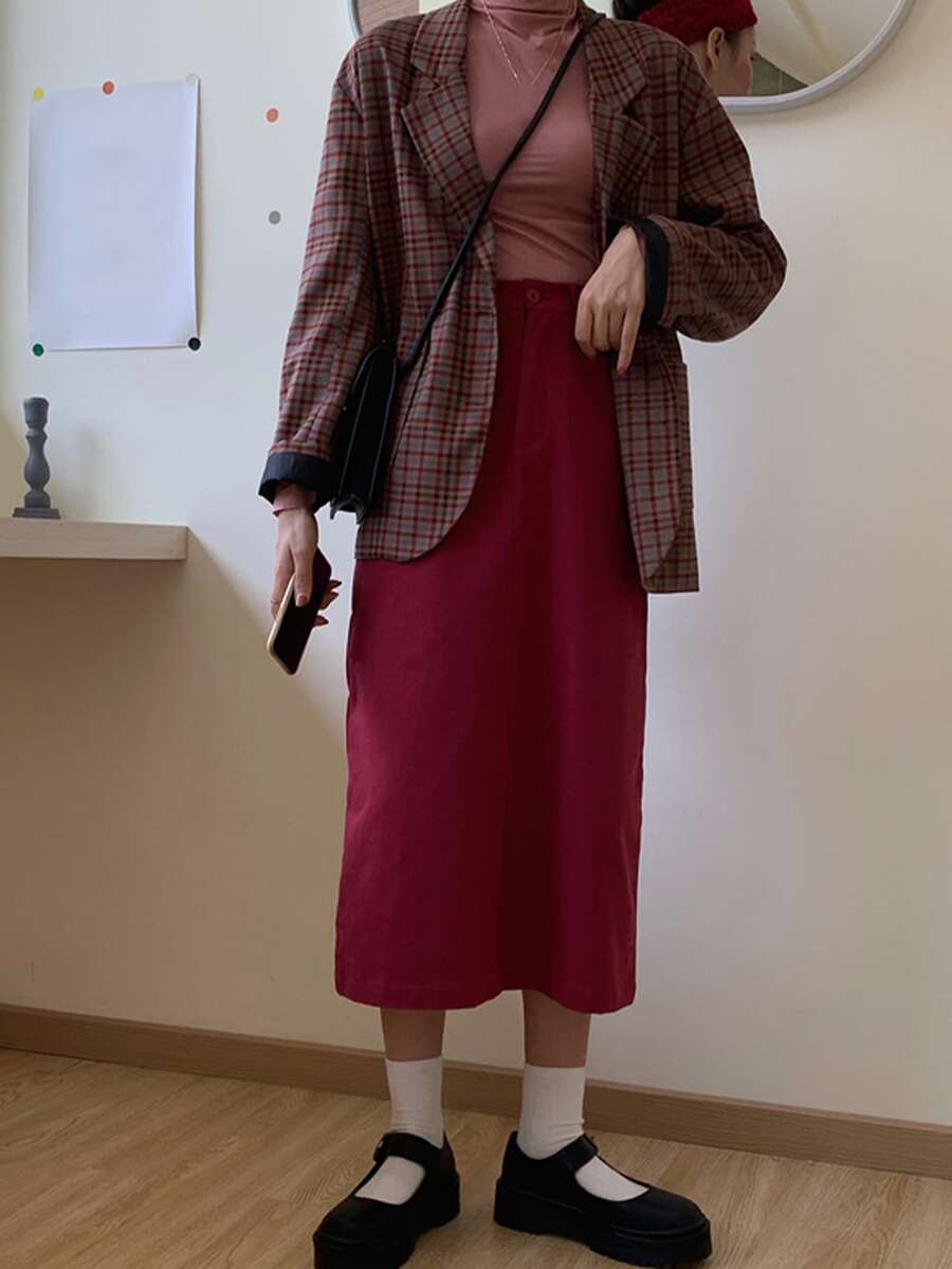 Solid Slit Back Straight Skirt - Burgundy - View 1