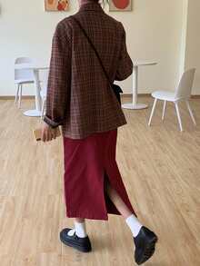 Solid Slit Back Straight Skirt - Burgundy - View 2