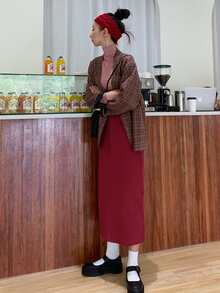 Solid Slit Back Straight Skirt - Burgundy - View 4