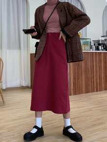 Solid Slit Back Straight Skirt - Burgundy - View 5