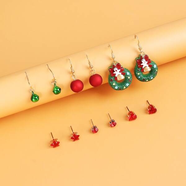 

6pairs Christmas Wreath Drop Earrings, Multicolor