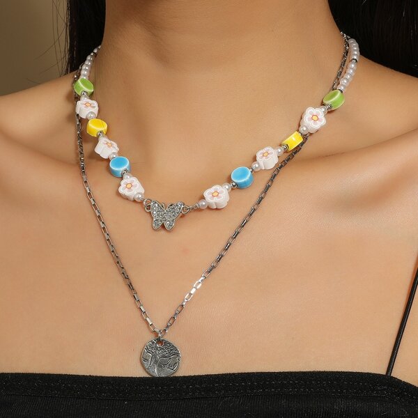

Flower & Butterfly Decor Layered Necklace, Multicolor