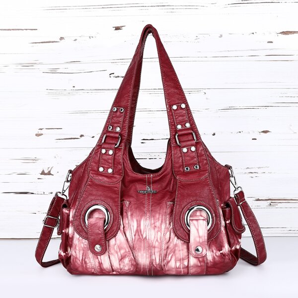 

Studded Decor Shoulder Tote Bag, Red and white