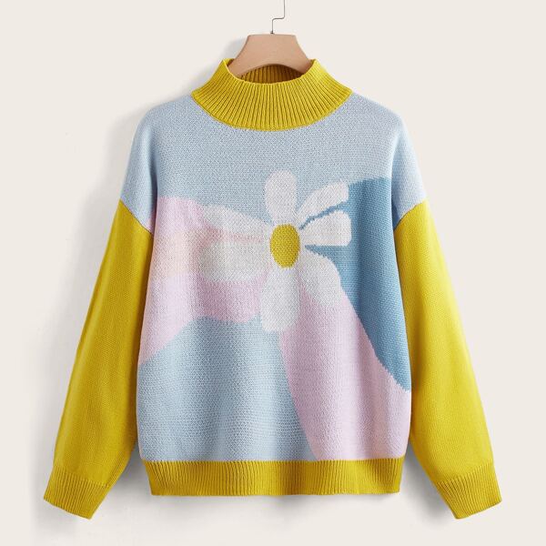 

Plus Color Block Floral Pattern Mock Neck Drop Shoulder Sweater, Multicolor