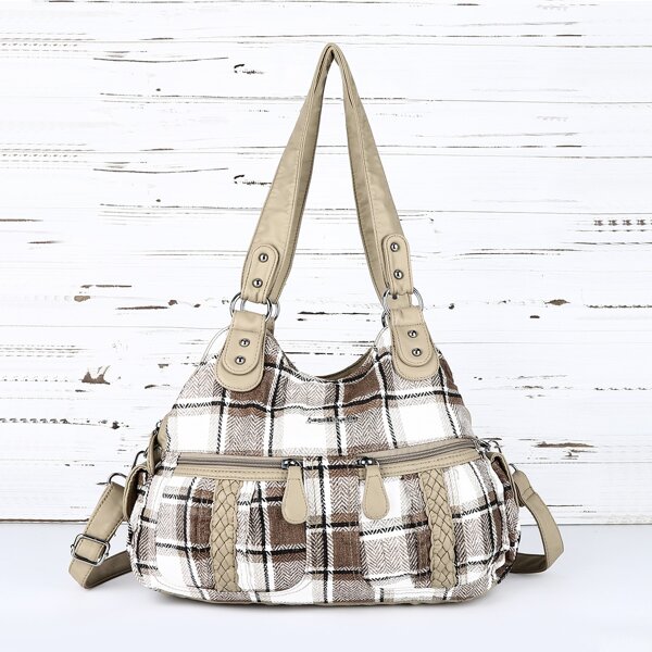 

Plaid Pattern Braided Decor Shoulder Tote Bag, Multicolor
