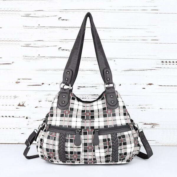 

Plaid Pattern Braided Decor Shoulder Tote Bag, Multicolor