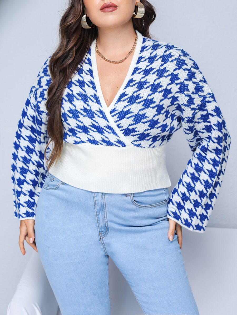 SHEIN Clasi Plus Hundtandsmönster Surplice Neck Nedsänkt Axeltröja Stickad Pullover Höst Vinter - Blått och Vitt - Visa 1