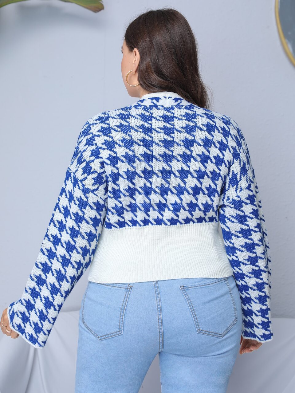 Plus Houndstooth Pattern Surplice Neck Drop Shoulder Sweater Knit Pullover Fall Winter