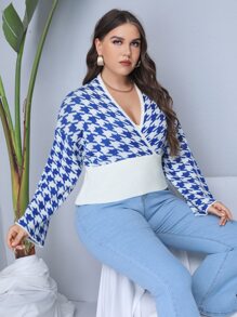 SHEIN Clasi Jersey con patrón de pata de gallo de cuello cruzado de hombros caídos - Azul y blanco - Ver 4