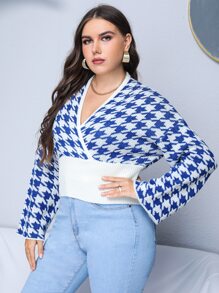 SHEIN Clasi Jersey con patrón de pata de gallo de cuello cruzado de hombros caídos - Azul y blanco - Ver 5