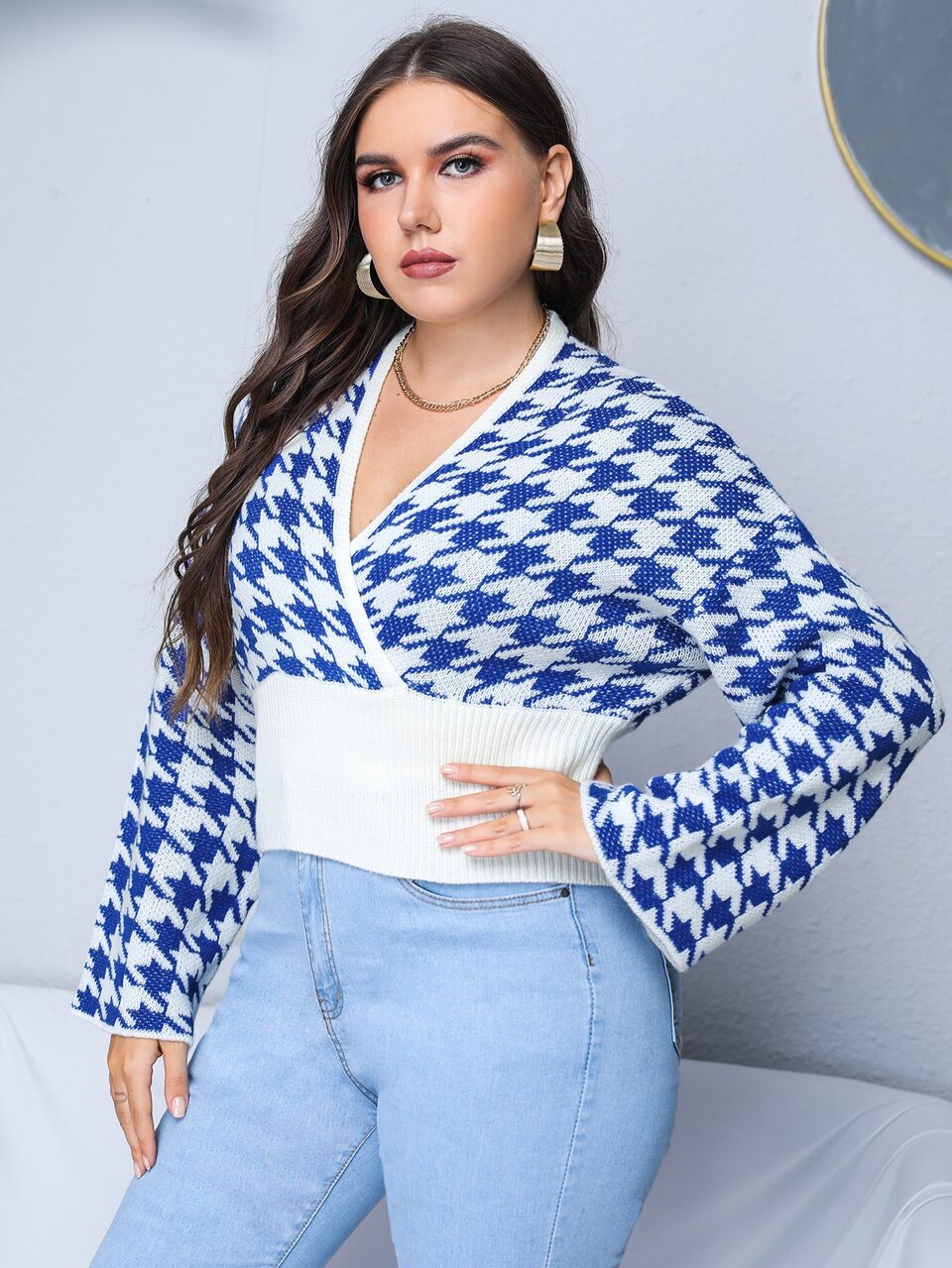 Plus Houndstooth Pattern Surplice Neck Drop Shoulder Sweater Knit Pullover Fall Winter
