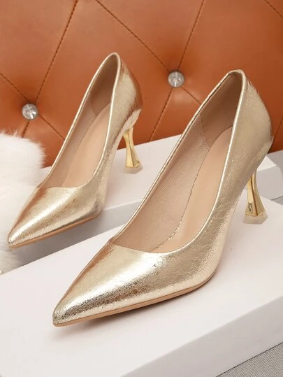 Metallic Mid Heeled Court Pumps, Autumn And Winter New Party Casual Non-Slip Wear-Resistant Pointed Gold Metal Material Electroplated High Heels Shoes, Elegant