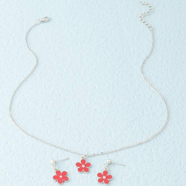 

Flower Decor Drop Earrings & Necklace, Red
