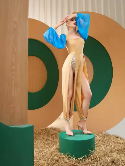 DESIGNS BY ZAHMAR Contrast Mesh Sleeve Cut Out High Split Insert Jumpsuit