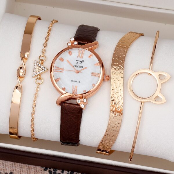 

1pc Rhinestone Decor Round Pointer Quartz Watch & 4pcs Bracelet