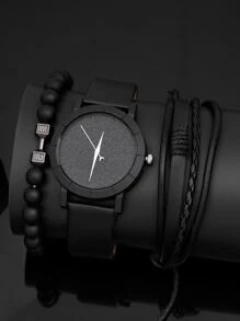 1pc Men Glitter Dial Quartz Watch & 2pcs Bracelet As A Gift For Students Returning To School - Black - View 1