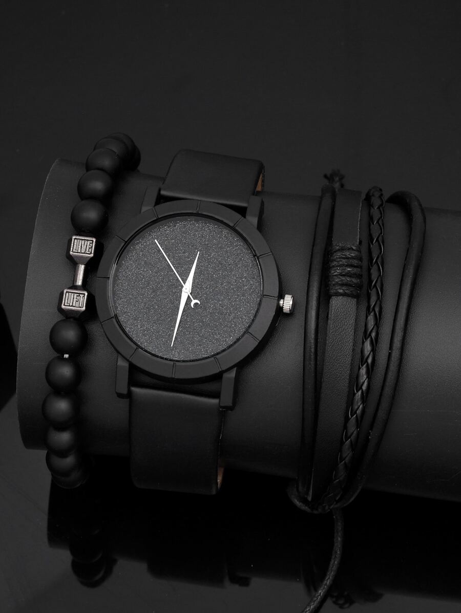 1pc Men Glitter Dial Quartz Watch & 2pcs Bracelet As A Gift For Students Returning To School - Black - View 1