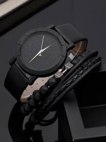 1pc Men Glitter Dial Quartz Watch & 2pcs Bracelet As A Gift For Students Returning To School - Black - View 3