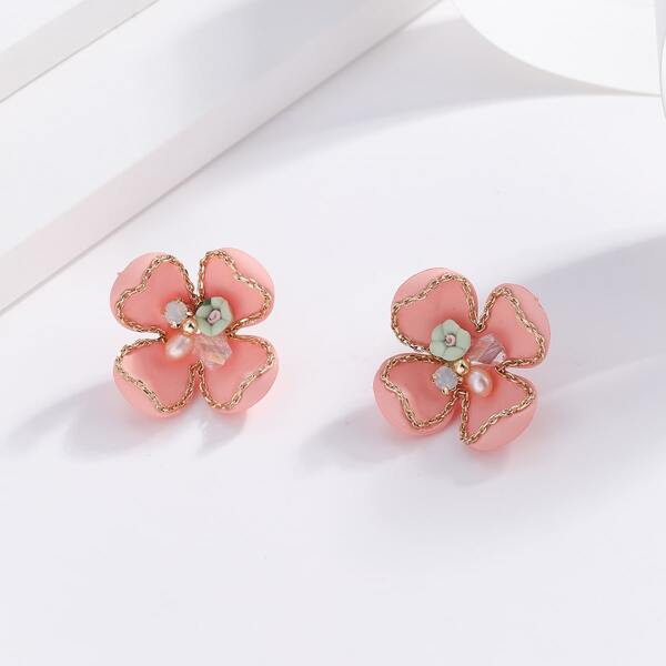

14K Gold Plated Flower Stud Earrings, Pink