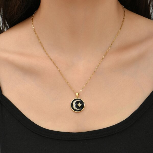 

18K Gold Plated Zircon Moon Detail Round Charm Necklace, Black