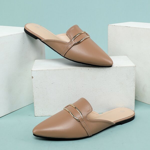 

Metallic Decor Front Flat Mules, Camel