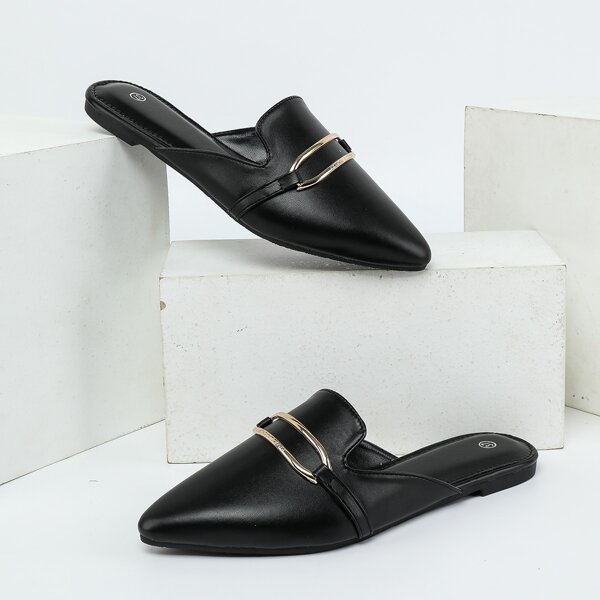 

Metallic Decor Front Flat Mules, Black