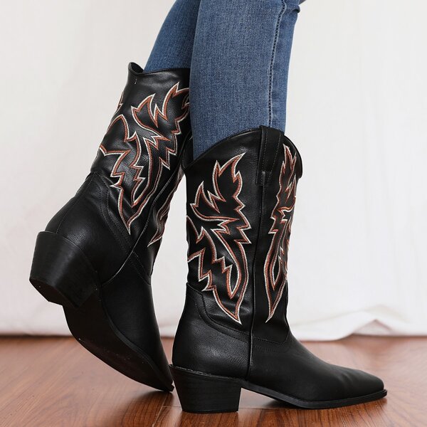

Applique Decor Chunky Western Boots, Black