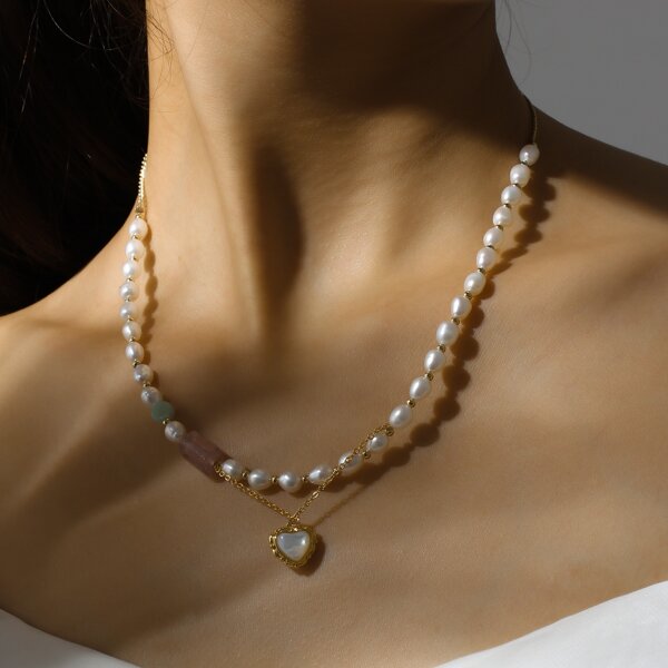 

16K Gold Plated Heart Charm Natural Pearl Decor Necklace, Multicolor