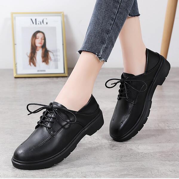 

Leather Lace-up Front Flat Oxfords, Black