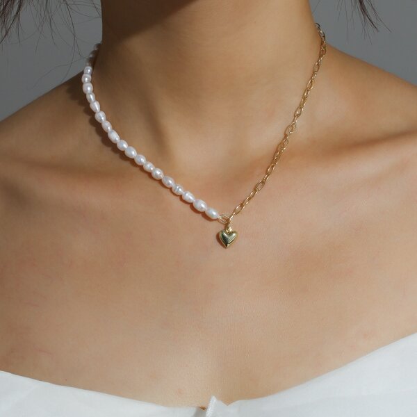 

16K Gold Plated Natural Pearl & Heart Decor Necklace, Multicolor