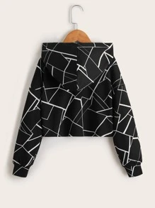 SHEIN Áo nỉ tay trễ vai in họa tiết hình học toàn thân dành cho bé gái tuổi teen - màu đen - Xem 2