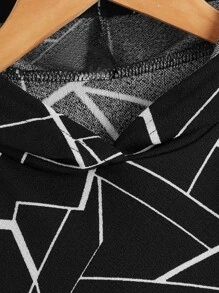 SHEIN Áo nỉ tay trễ vai in họa tiết hình học toàn thân dành cho bé gái tuổi teen - màu đen - Xem 3