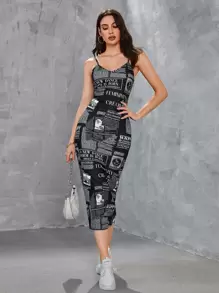 Mulvari Newspaper Print Bodycon Dress - Black - View 4