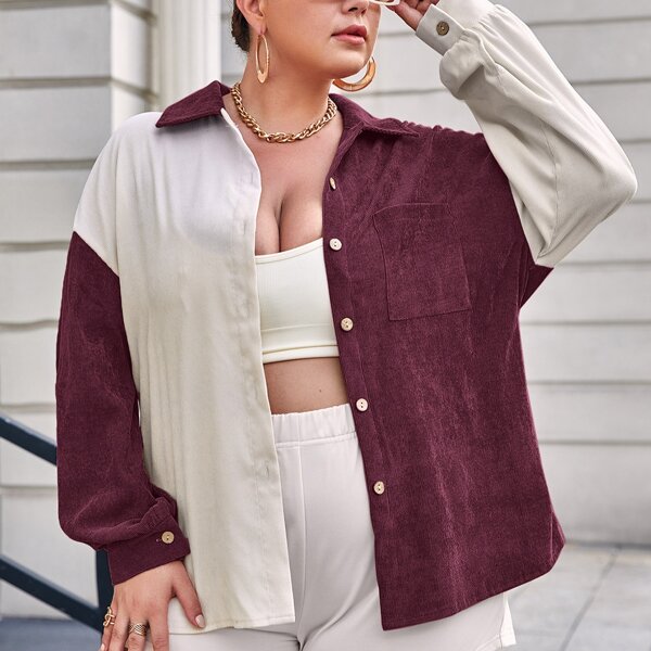 

Plus Corduroy Color Block Blouse, Multicolor