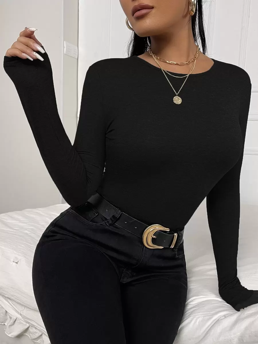 SHEIN Essnce 素色修身T恤 - 黑色 - 查看 1