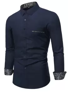Manfinity Homme Hombres Camisa con estampado de paisley con botón - Azul Marino - Ver 1