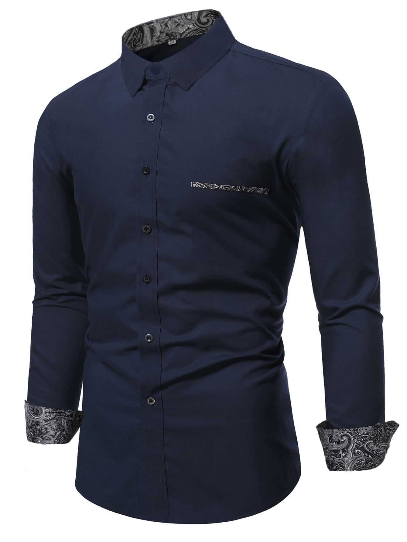 Manfinity Homme Hombres Camisa con estampado de paisley con botón - Azul Marino - Ver 1